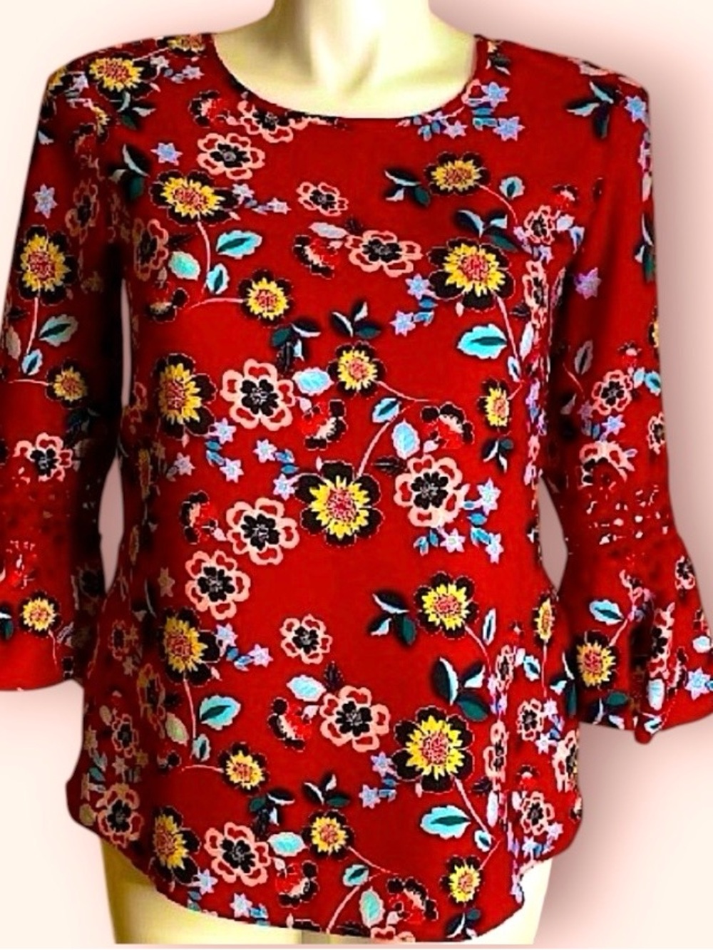 Valerie Stevens red floral top with bell sleeves Sz.S